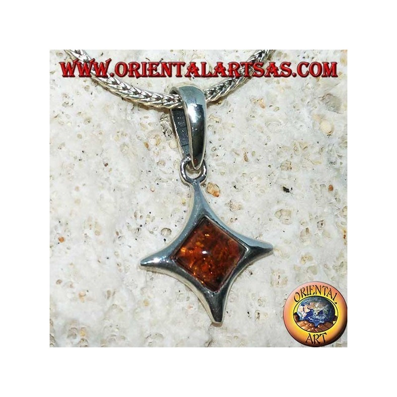 Pendentif en argent en forme de diamant à côtés convexes avec ambre carré