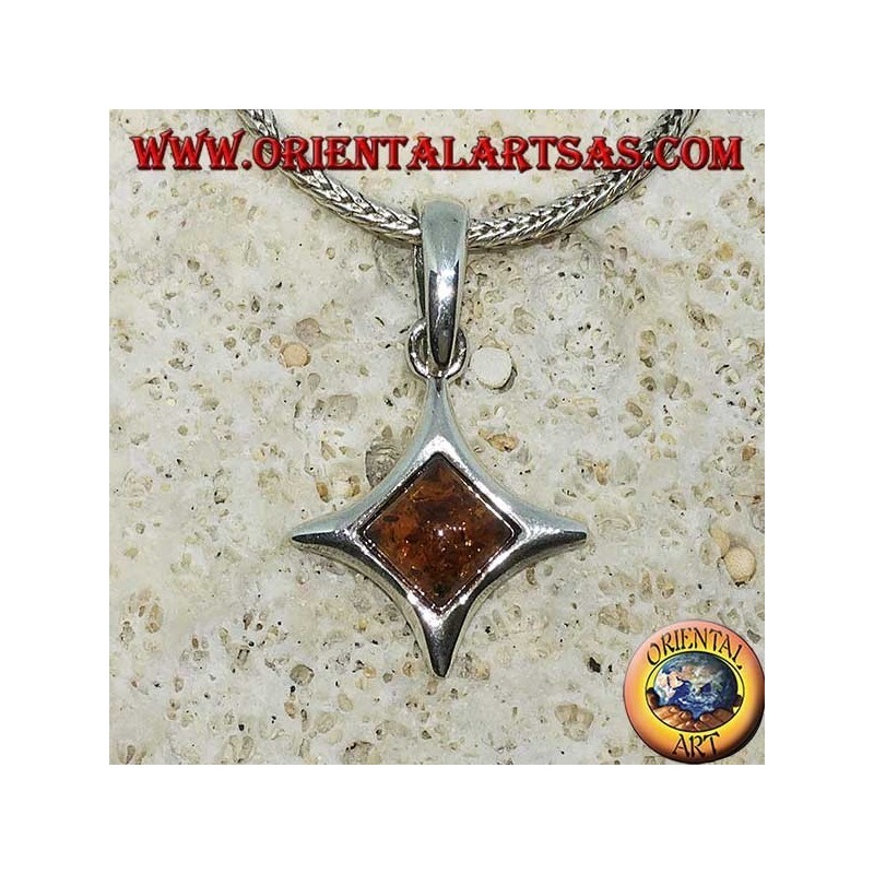 Pendentif en argent en forme de diamant à côtés convexes avec ambre carré