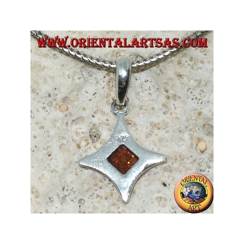 Pendentif en argent en forme de diamant à côtés convexes avec ambre carré