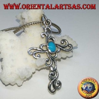 Silver floral cross pendant with oval turquoise paste