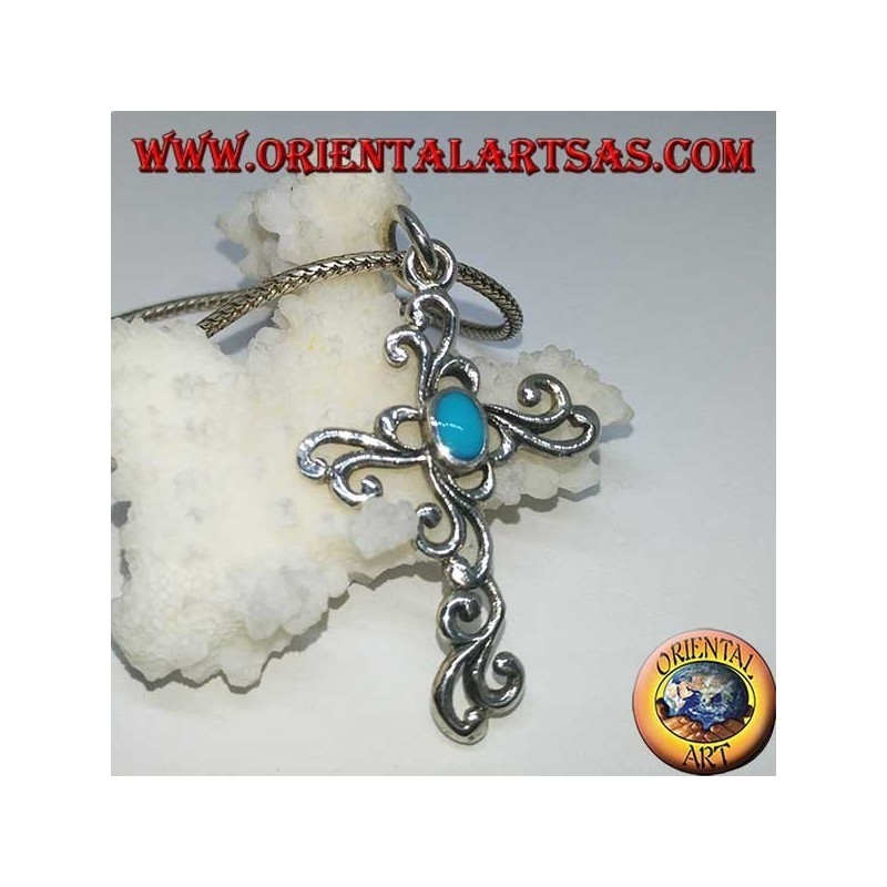 Silver floral cross pendant with oval turquoise paste