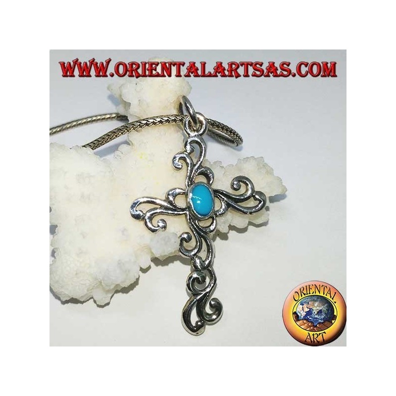 Pendentif croix florale en argent avec pâte turquoise ovale