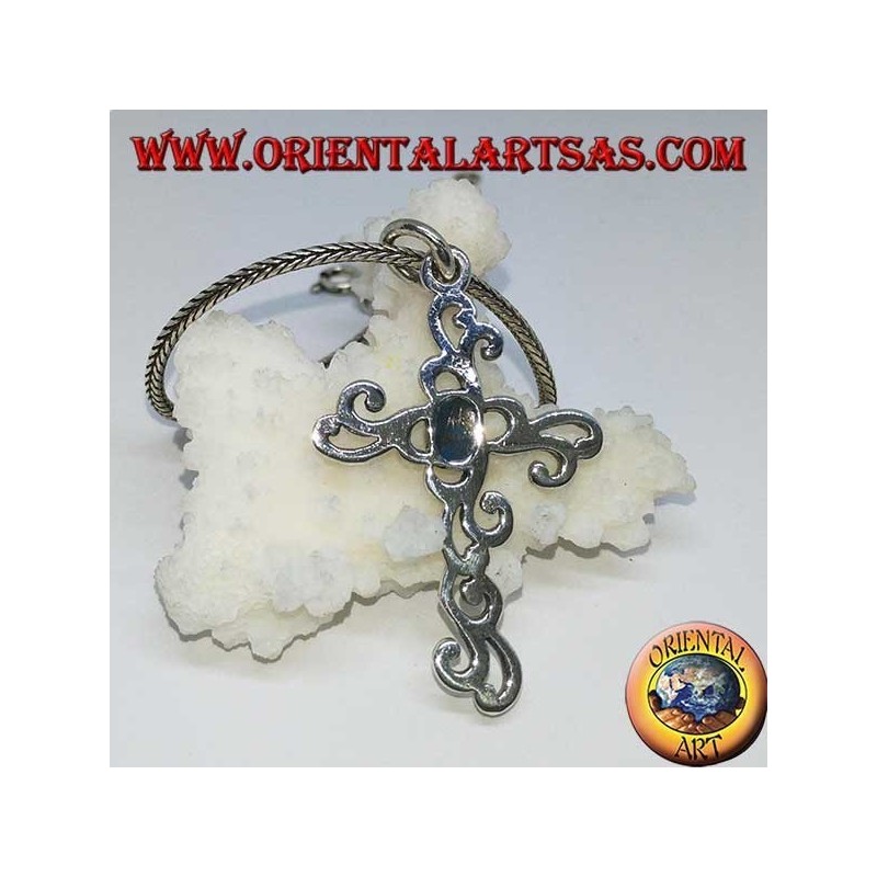 Pendentif croix florale en argent avec pâte turquoise ovale
