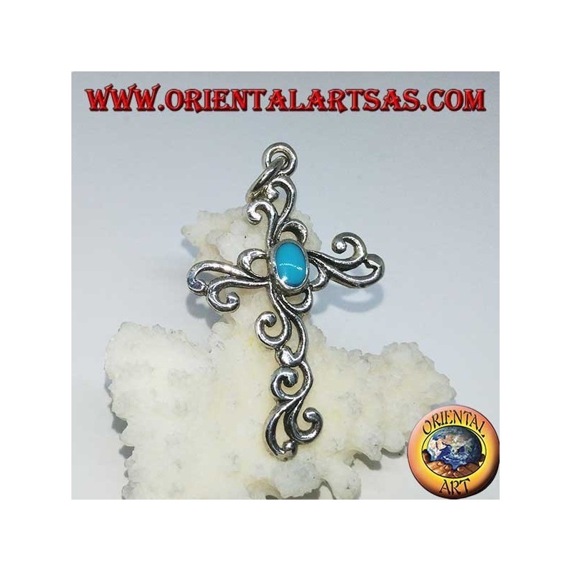 Pendentif croix florale en argent avec pâte turquoise ovale