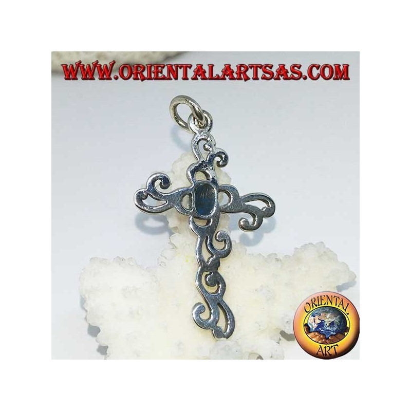 Pendentif croix florale en argent avec pâte turquoise ovale