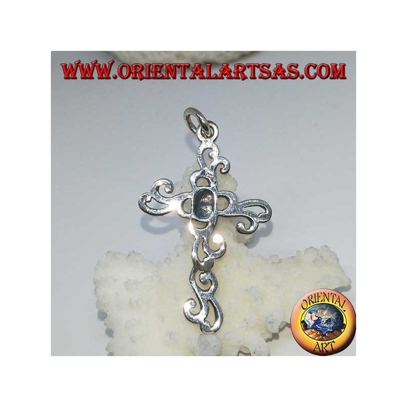 Pendentif croix florale en argent avec pâte turquoise ovale