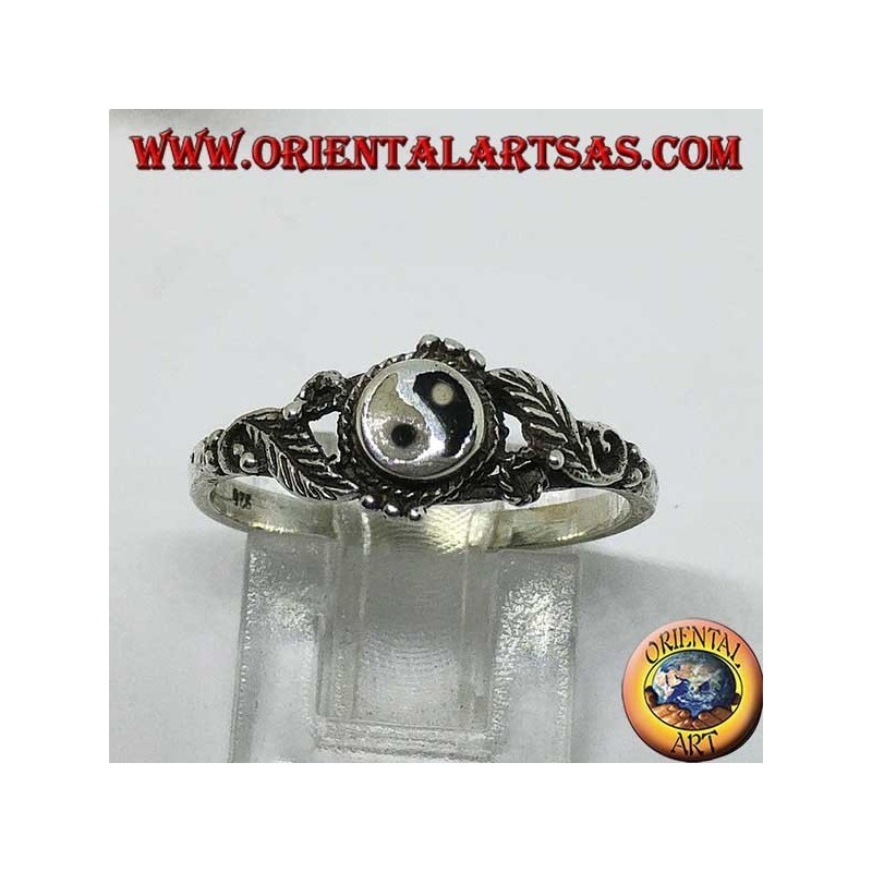 Bague en argent yin yang Tao (Petit) avec des feuilles sur les côtés