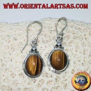 Boucles d'oreilles en argent avec oeil de tigre ovale sur une bordure simple