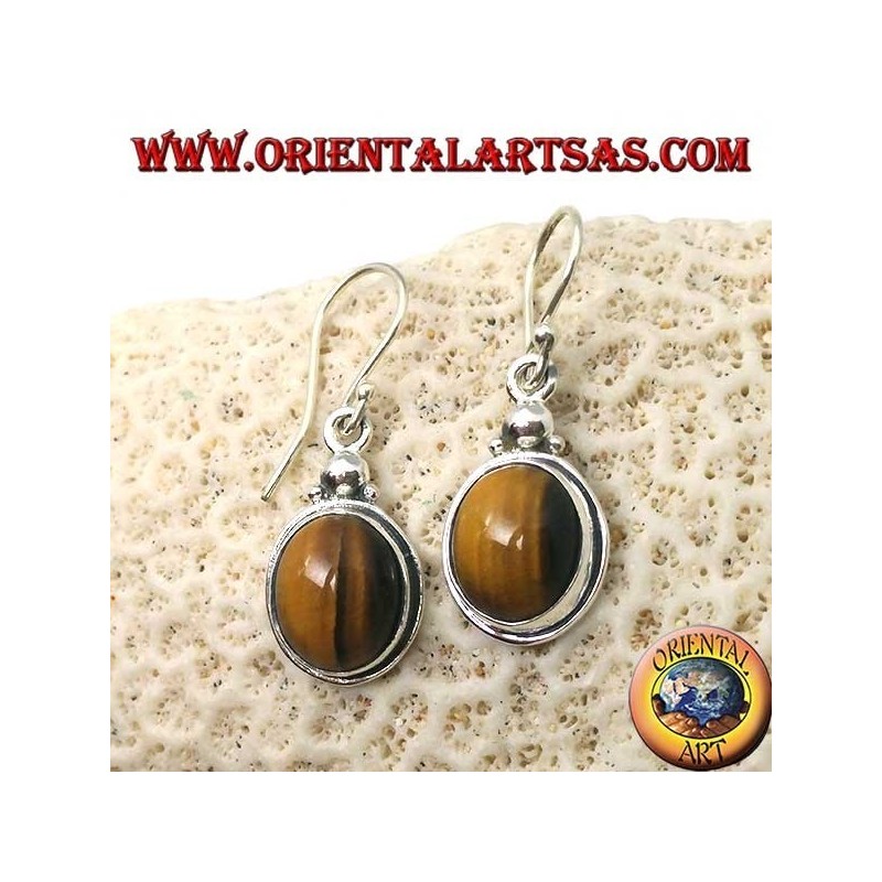 Boucles d'oreilles en argent avec oeil de tigre ovale sur une bordure simple
