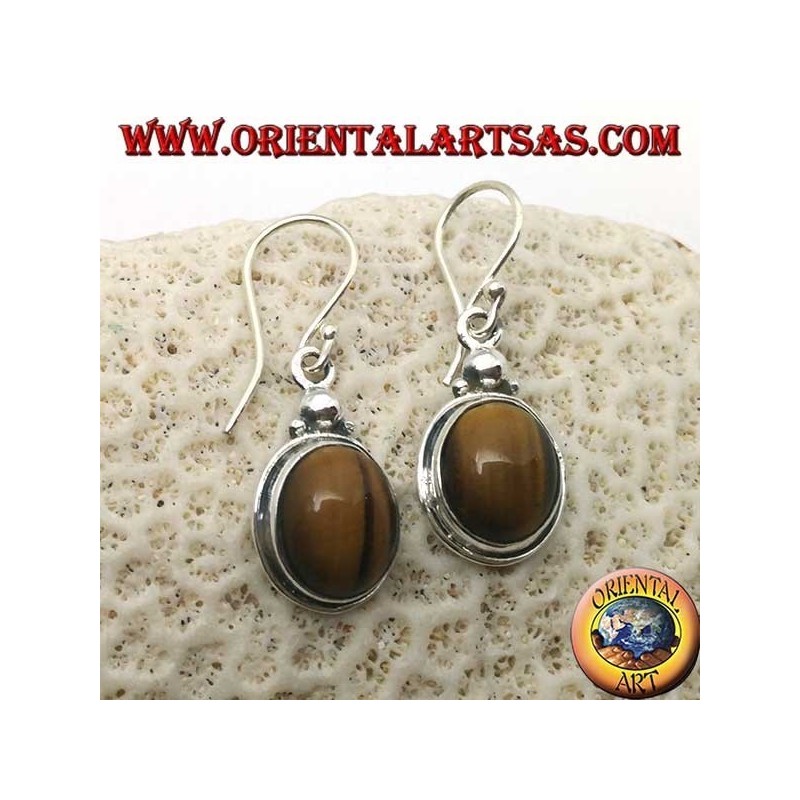Silver pendant earrings with oval tiger eye on simple border
