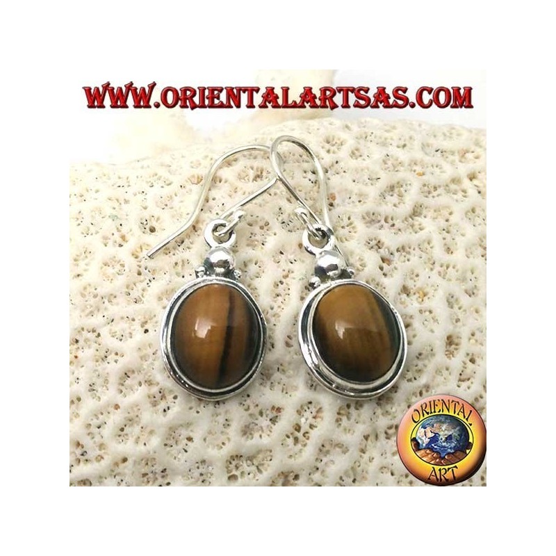 Silver pendant earrings with oval tiger eye on simple border