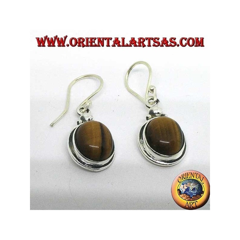 Boucles d'oreilles en argent avec oeil de tigre ovale sur une bordure simple