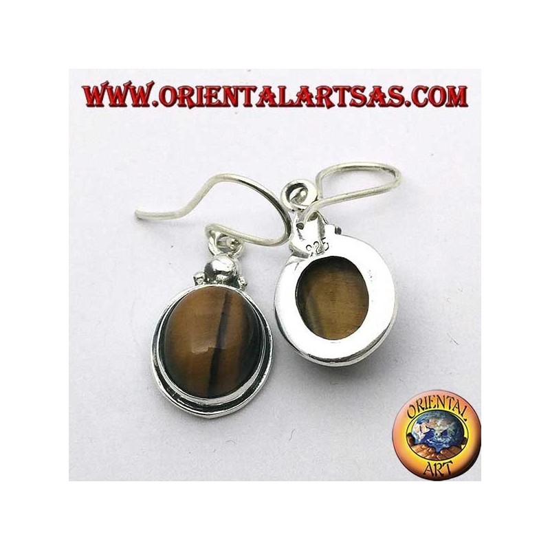 Silver pendant earrings with oval tiger eye on simple border