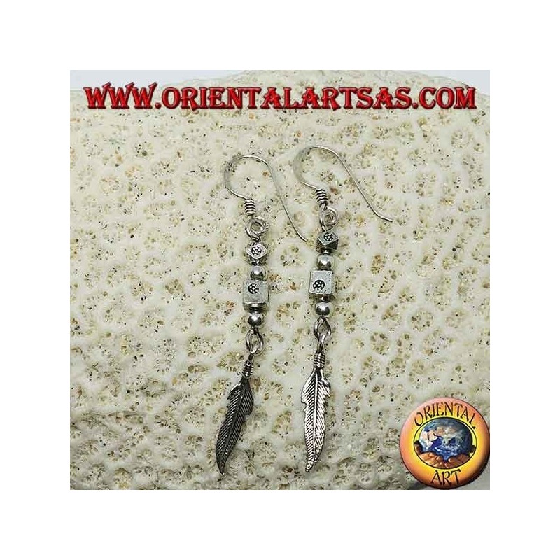 Silver earrings with nuggets and feather pendant, handmade by Karen