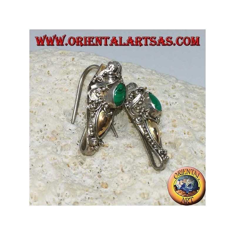 Silver dragon head hook earrings with gold leaf and oval malachite