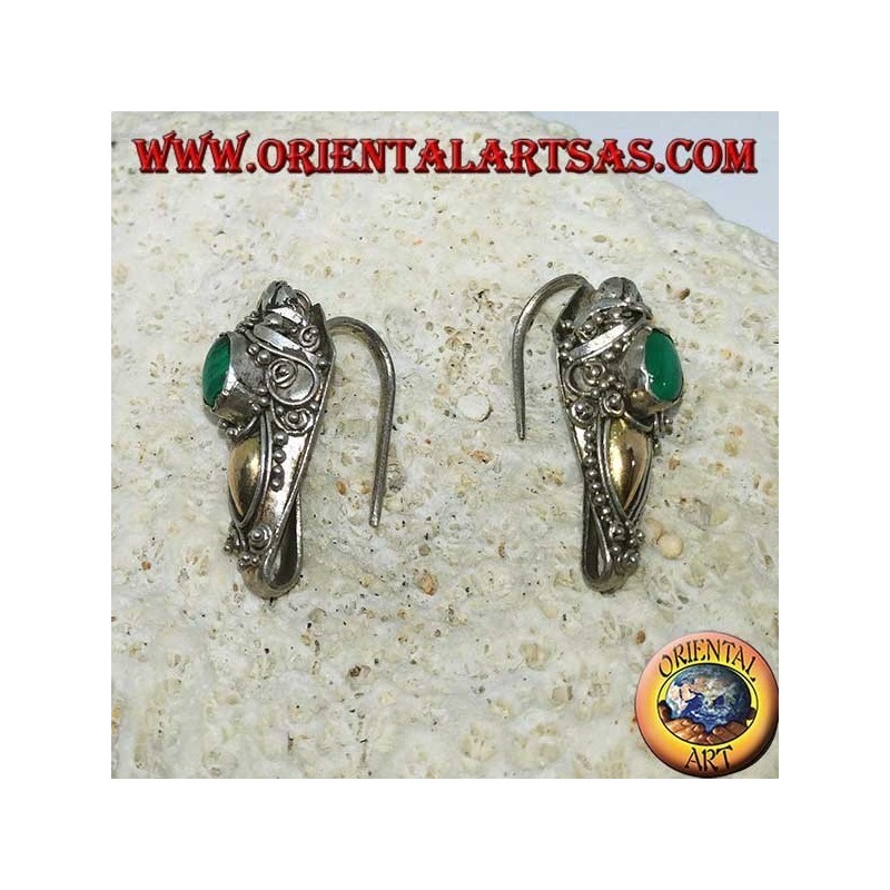 Silver dragon head hook earrings with gold leaf and oval malachite