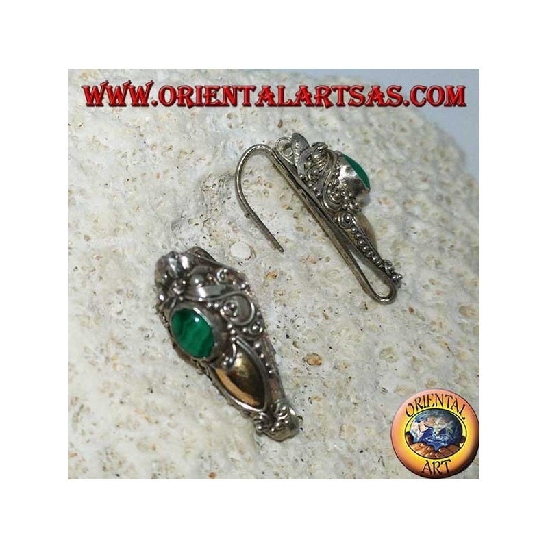 Boucles doreilles en argent à tête de dragon avec feuille d'or et malachite ovale
