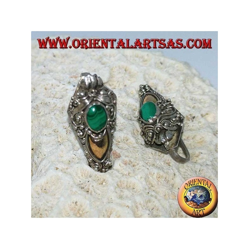 Silver dragon head hook earrings with gold leaf and oval malachite
