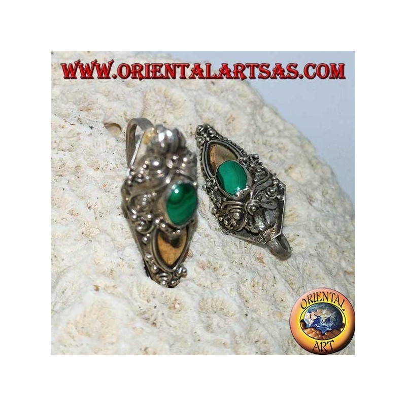 Silver dragon head hook earrings with gold leaf and oval malachite