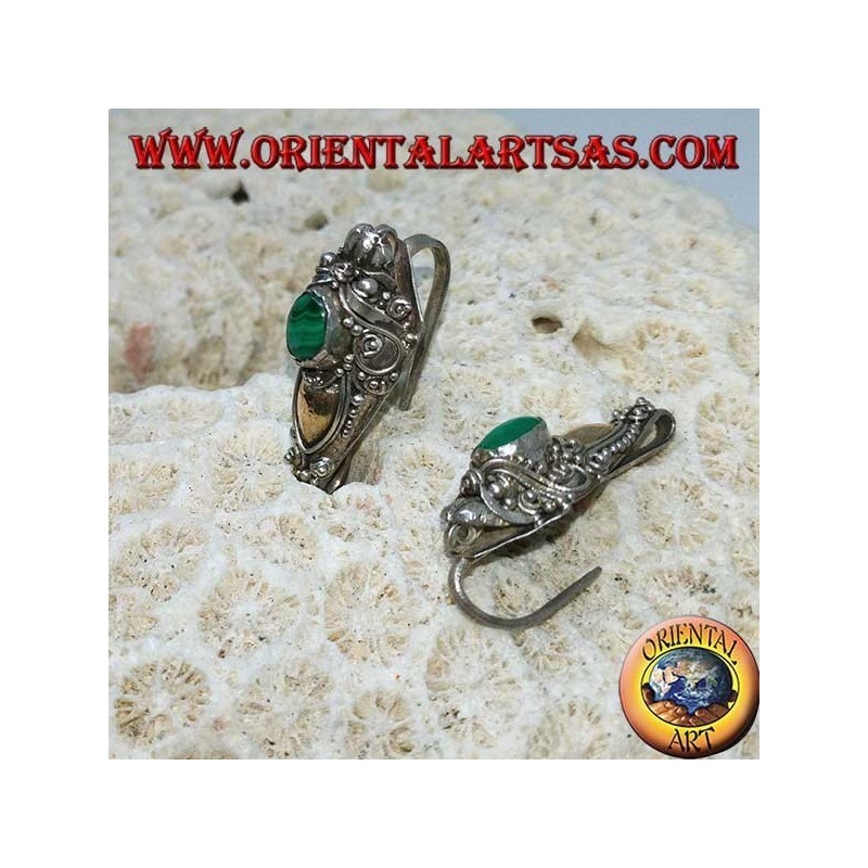 Silver dragon head hook earrings with gold leaf and oval malachite
