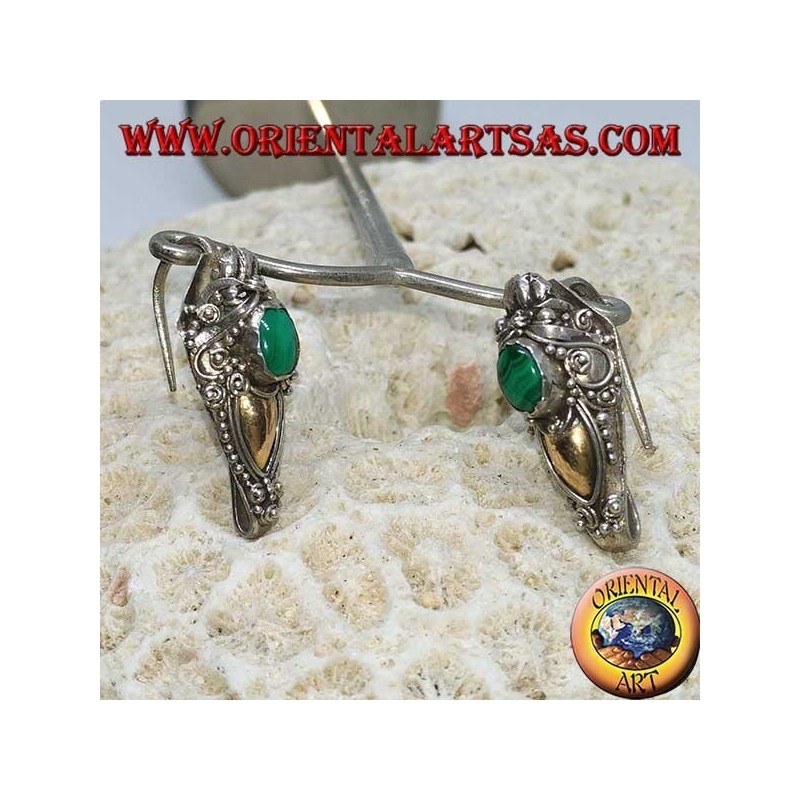 Boucles doreilles en argent à tête de dragon avec feuille d'or et malachite ovale