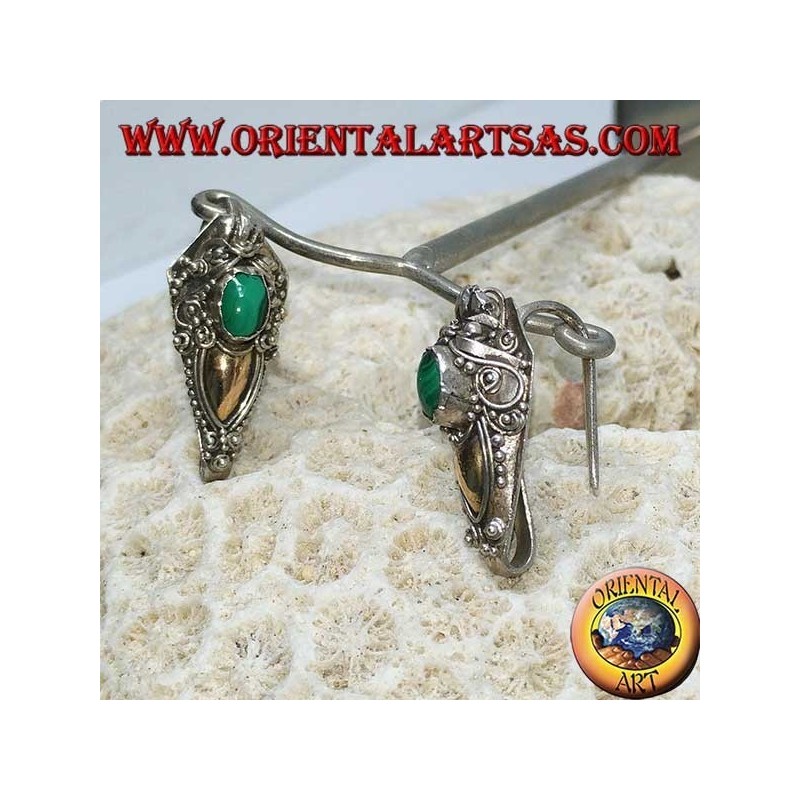 Silver dragon head hook earrings with gold leaf and oval malachite