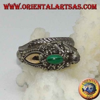 Silberring mit Drachenkopf mit Blattgold und ovalem Malachit, verstellbar