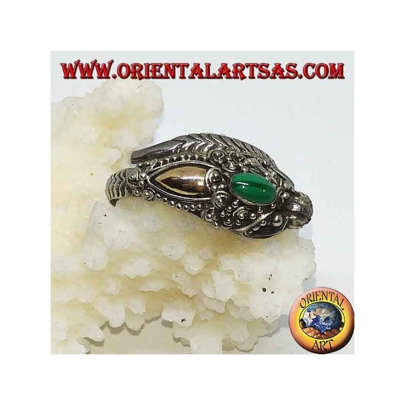 Silberring mit Drachenkopf mit Blattgold und ovalem Malachit, verstellbar