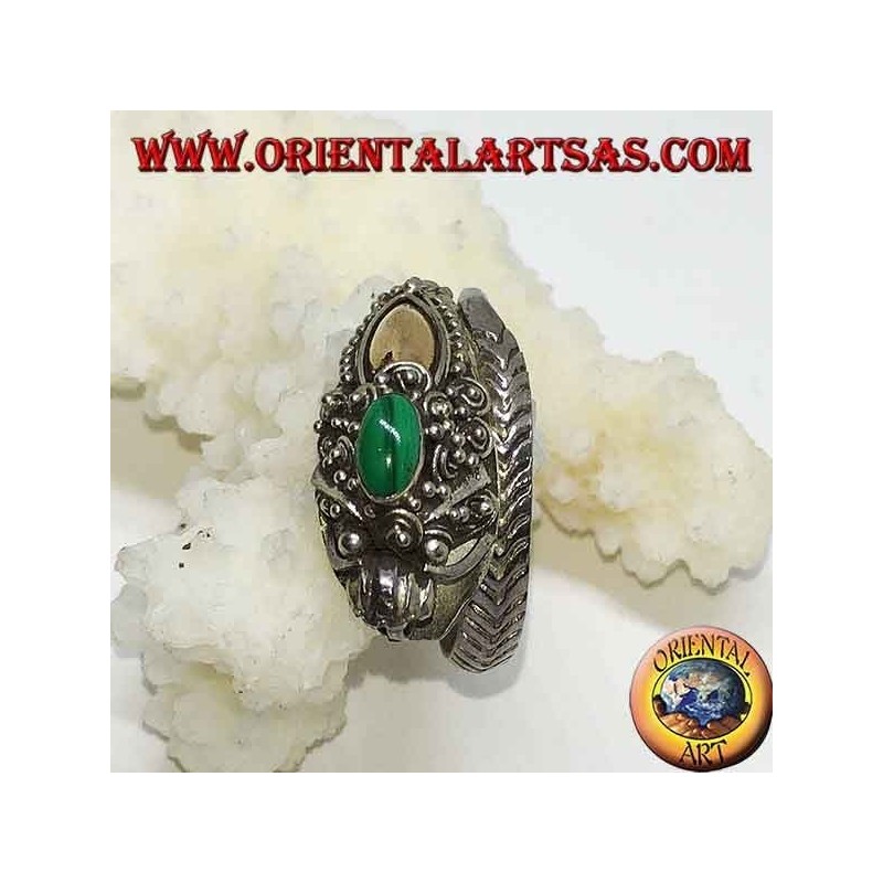 Silver ring with dragon's head with gold leaf and oval malachite, adjustable