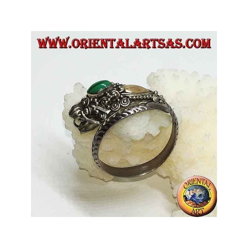 Anillo de plata con cabeza de dragón con pan de oro y malaquita ovalada, ajustable