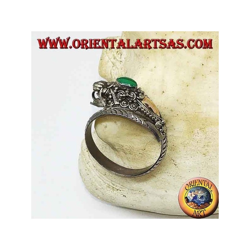Silberring mit Drachenkopf mit Blattgold und ovalem Malachit, verstellbar