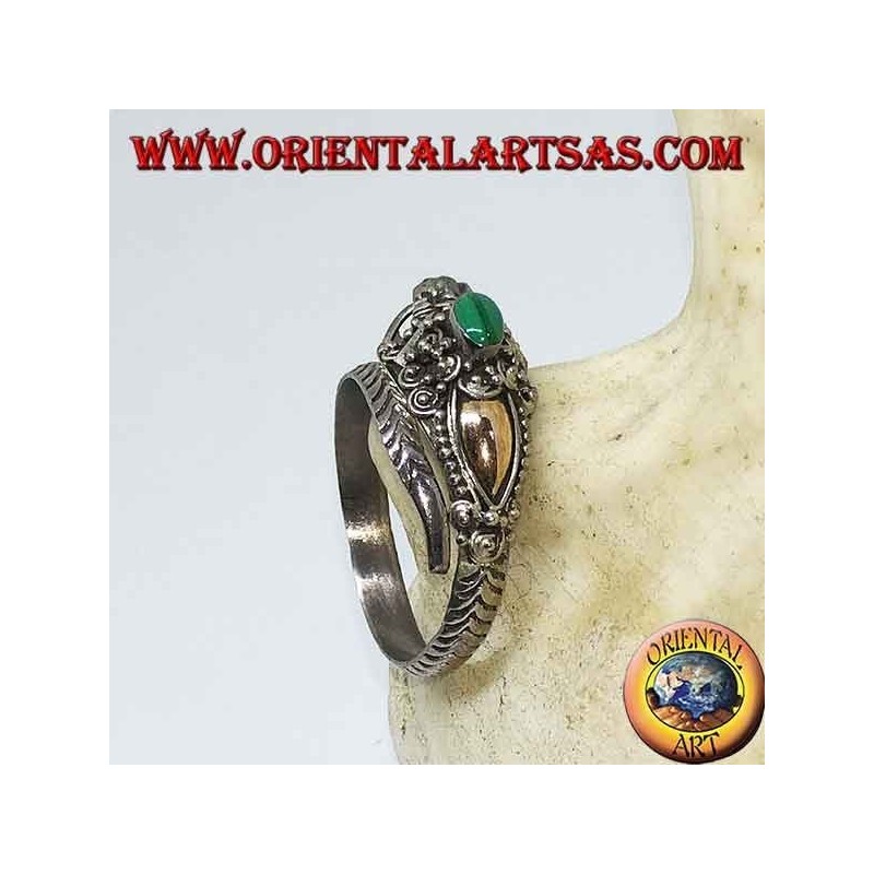 Anillo de plata con cabeza de dragón con pan de oro y malaquita ovalada, ajustable