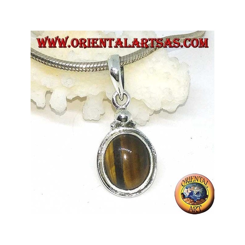 Pendentif en argent avec oeil de tigre ovale et bordure simple