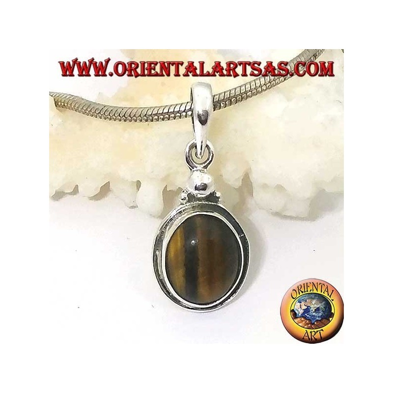 Pendentif en argent avec oeil de tigre ovale et bordure simple