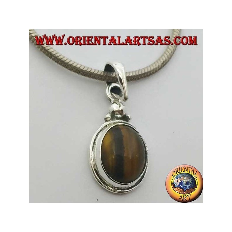 Pendentif en argent avec oeil de tigre ovale et bordure simple