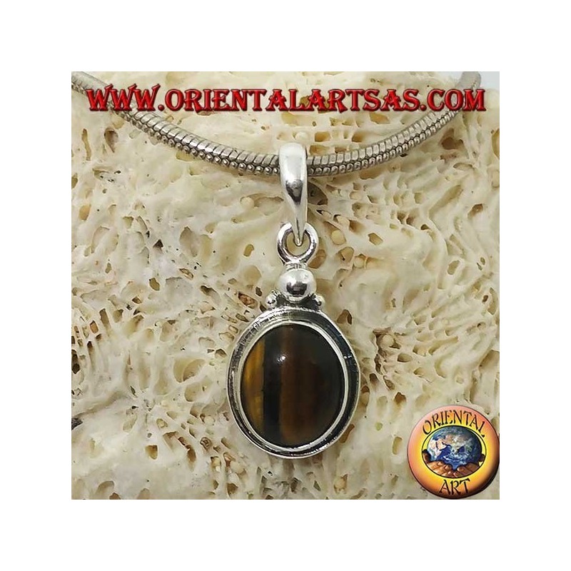 Pendentif en argent avec oeil de tigre ovale et bordure simple