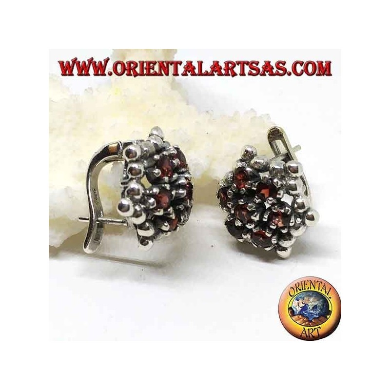 Silver earrings, hexagonal formed by 7 round garnets surrounded by spheres