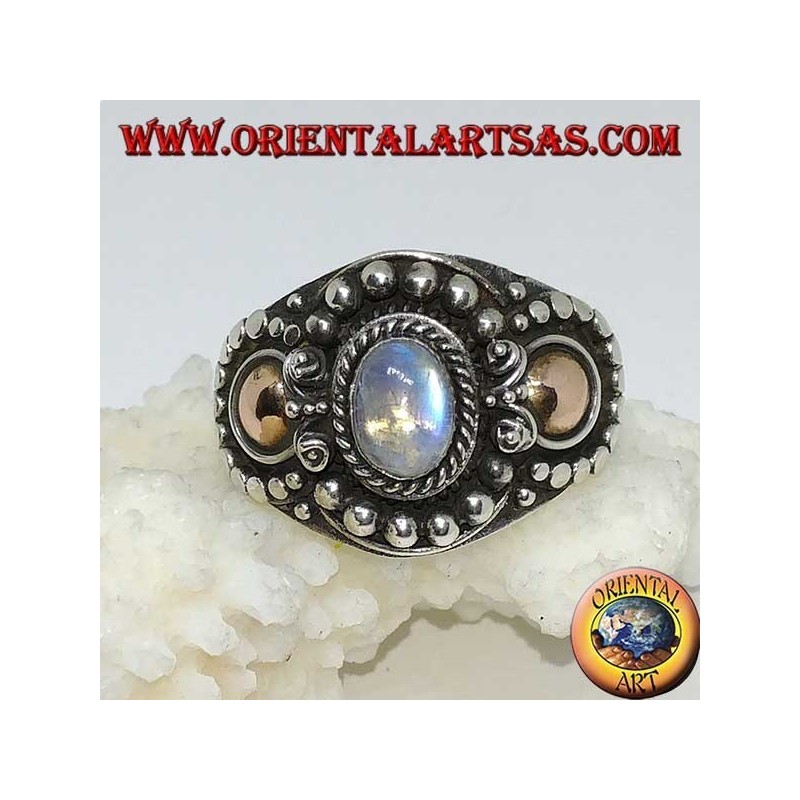 Bague en argent faite main avec pierre de lune arc-en-ciel (adularia) et applications dorées