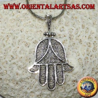 Silver pendant, hand of Fatima or hand of Miriam Hamsa filigree (large)