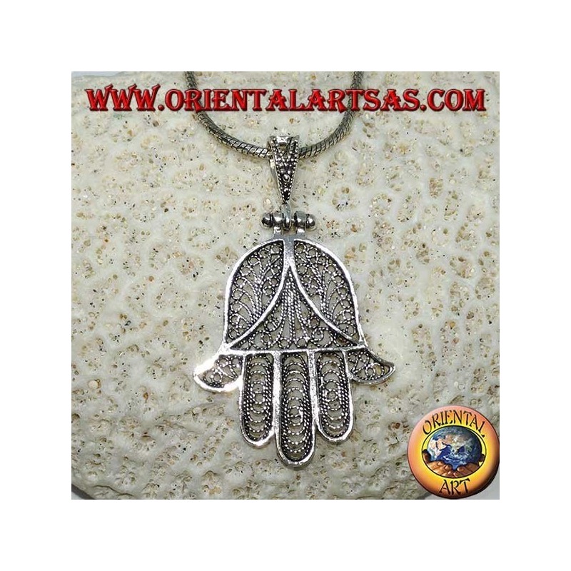 Ciondolo in argento, mano di Fatima o mano di Miriam Hamsa a filigrana (grande)