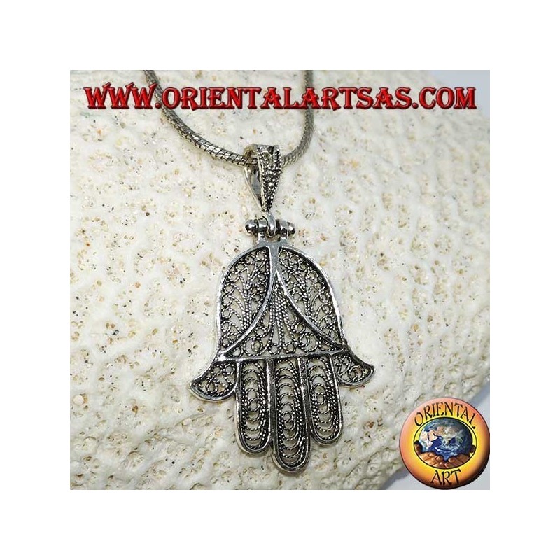 Silver pendant, hand of Fatima or hand of Miriam Hamsa filigree (large)