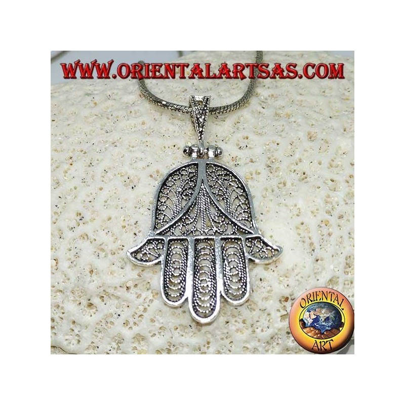 Pendentif en argent, main de Fatima ou main de Miriam Hamsa en filigrane (grand)