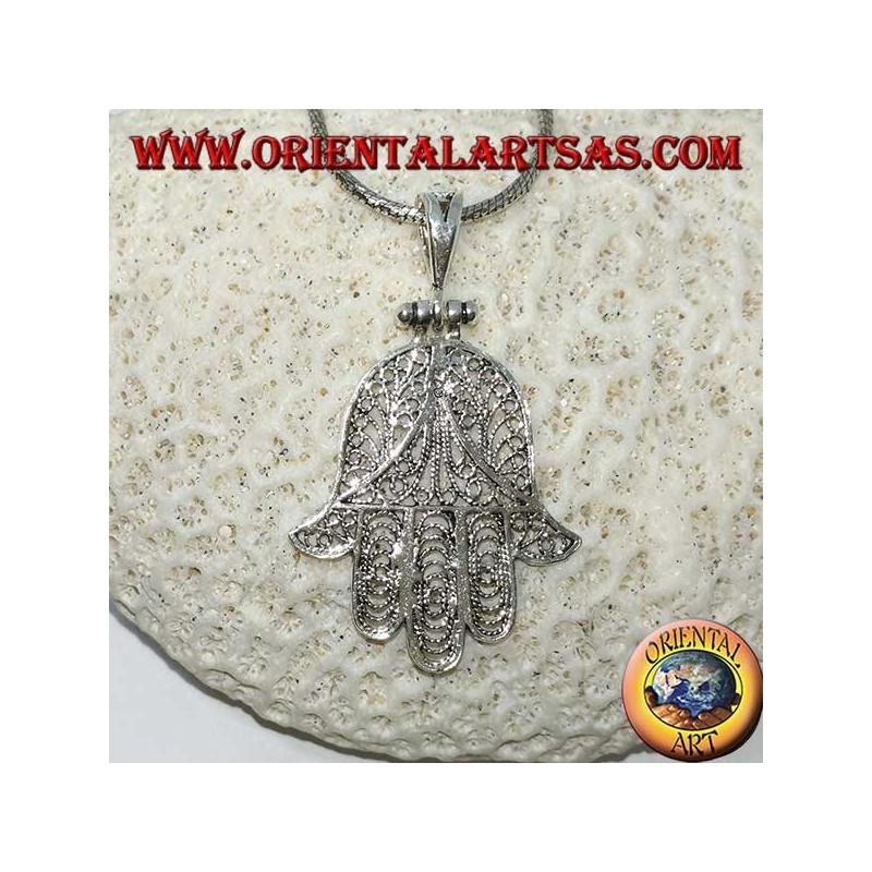 Ciondolo in argento, mano di Fatima o mano di Miriam Hamsa a filigrana (grande)