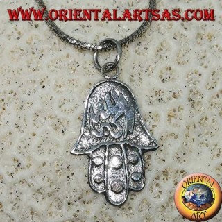 Ciondolo in argento mano di Fatima  Hamsa con allahu akbar abassorilievo