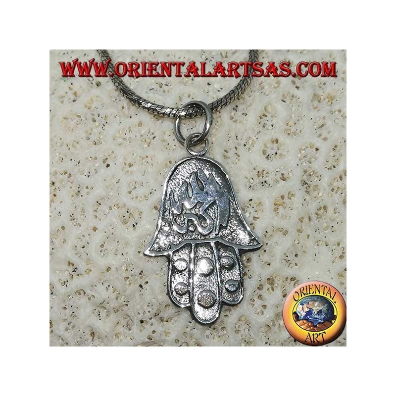 Ciondolo in argento mano di Fatima  Hamsa con allahu akbar abassorilievo
