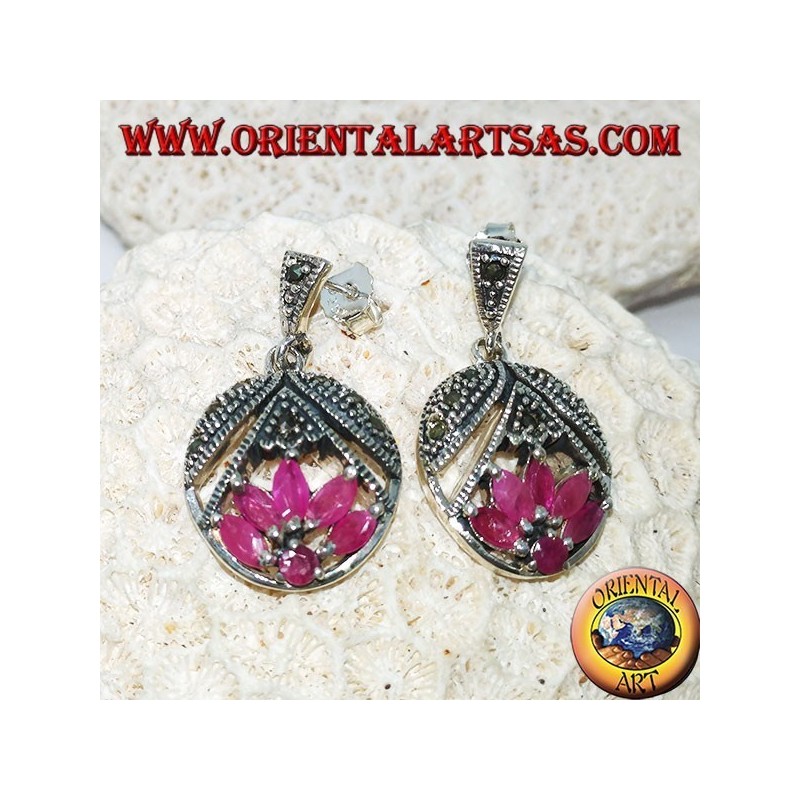 Lotus-flower silver earrings with 5 shuttle rubies and 1 round