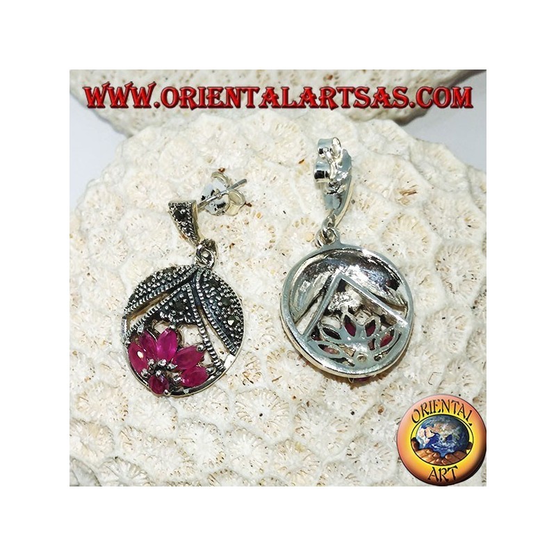 Lotus-flower silver earrings with 5 shuttle rubies and 1 round