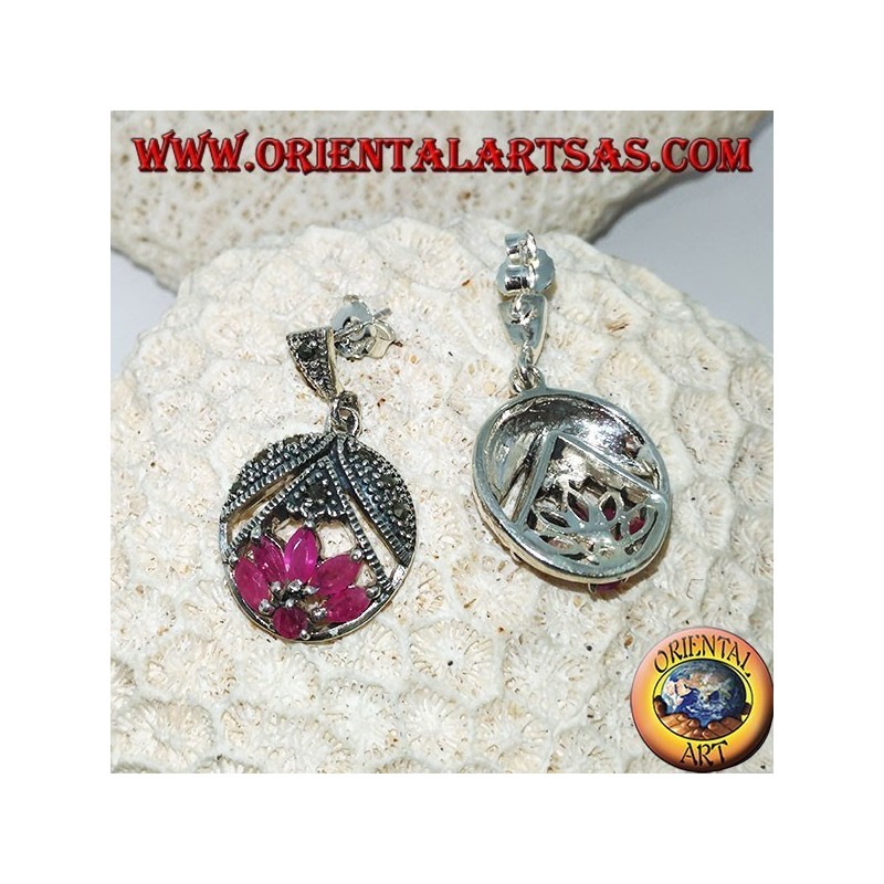 Lotus-flower silver earrings with 5 shuttle rubies and 1 round
