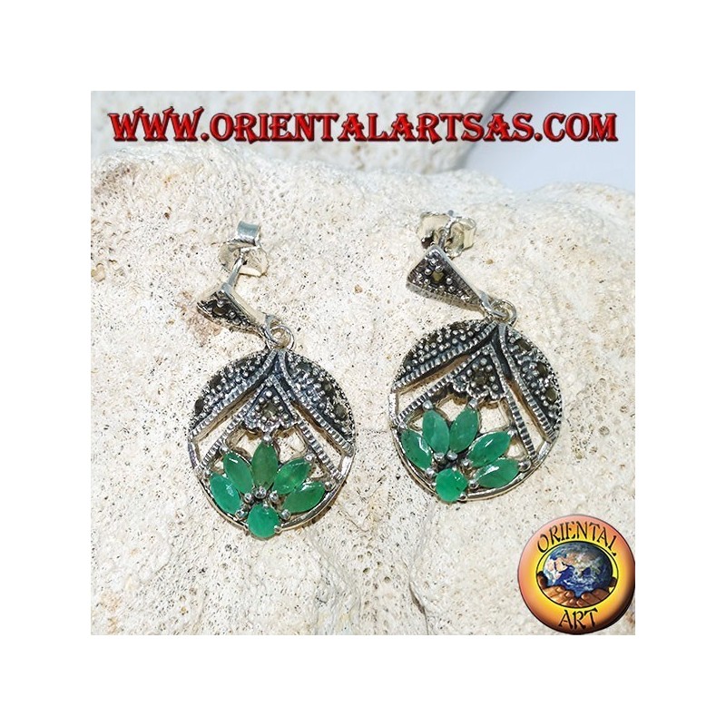 Lotus-flower silver earrings with 5 shuttle rubies and 1 round