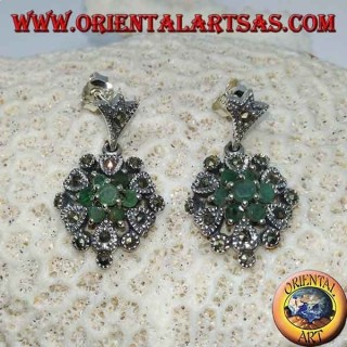 Boucles d'oreilles en argent avec 7 émeraudes et marcassites rondes